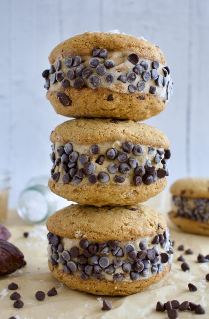 gluten free and dairy free salted caramel chocolate chip cookie ice cream sandwiches