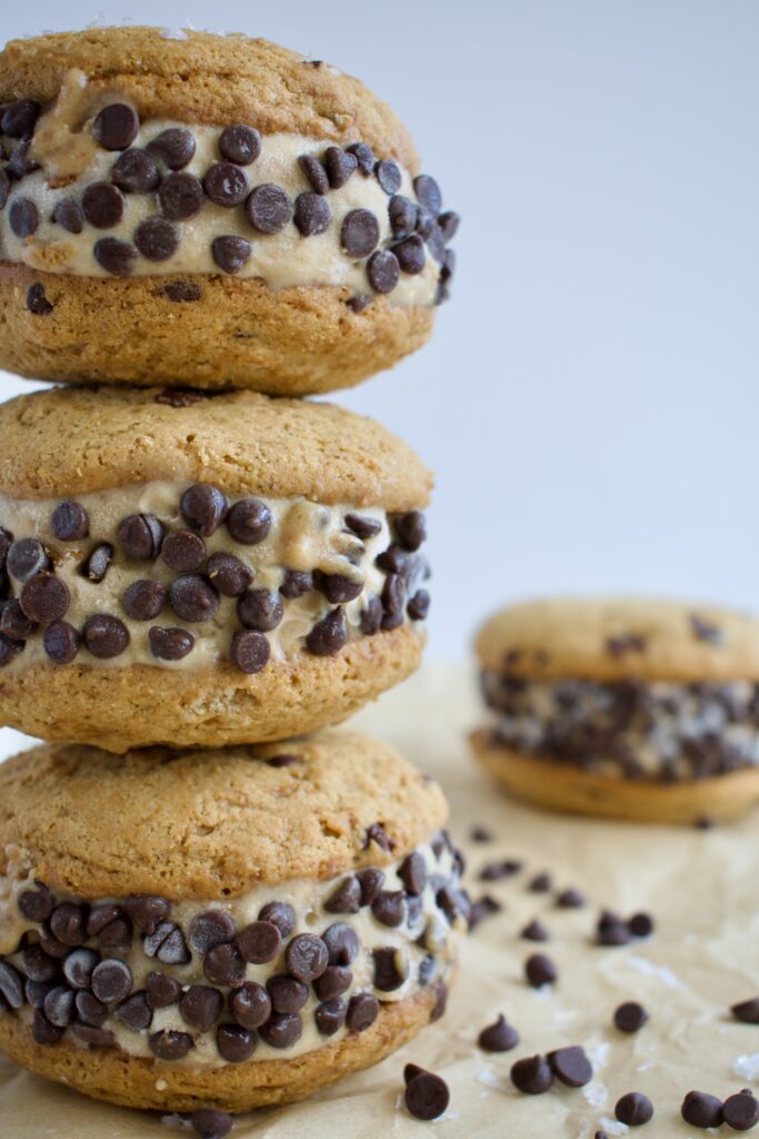 gluten free and dairy free salted caramel chocolate chip cookie ice cream sandwiches