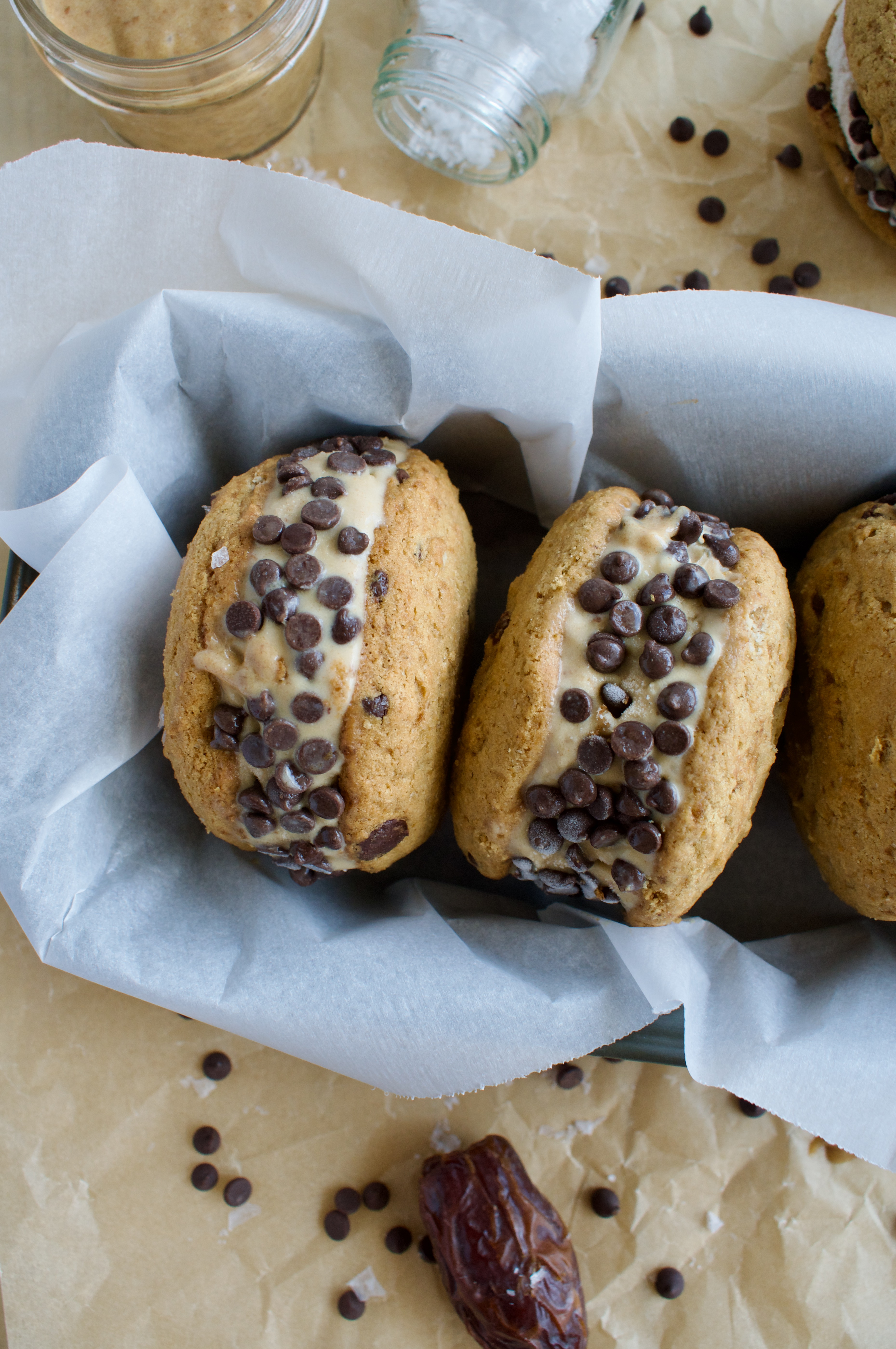 gluten free and dairy free salted caramel chocolate chip cookie ice cream sandwiches