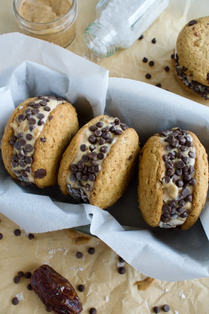 gluten free and dairy free salted caramel chocolate chip cookie ice cream sandwiches