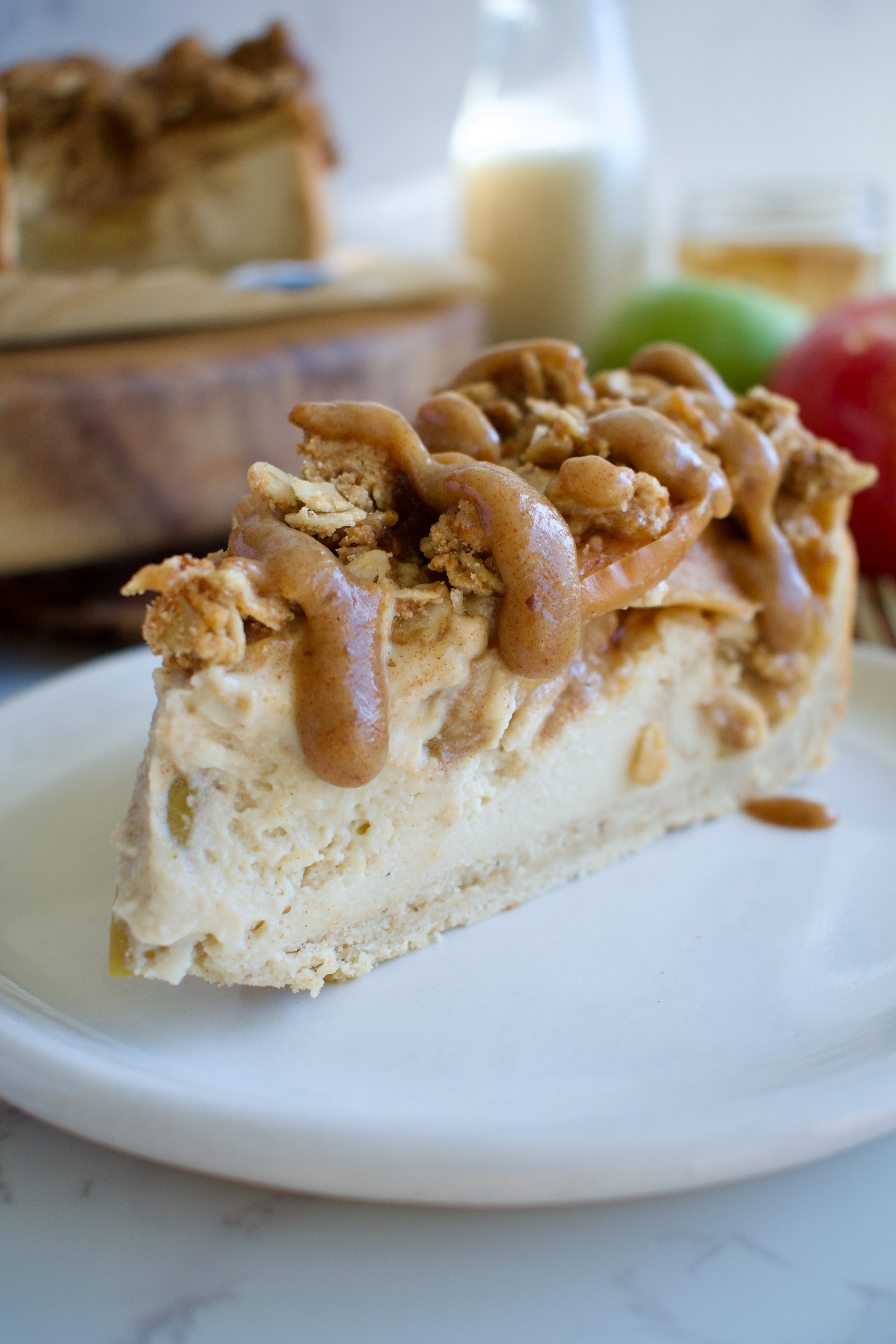 gluten free and dairy free caramel apple crumble cheesecake