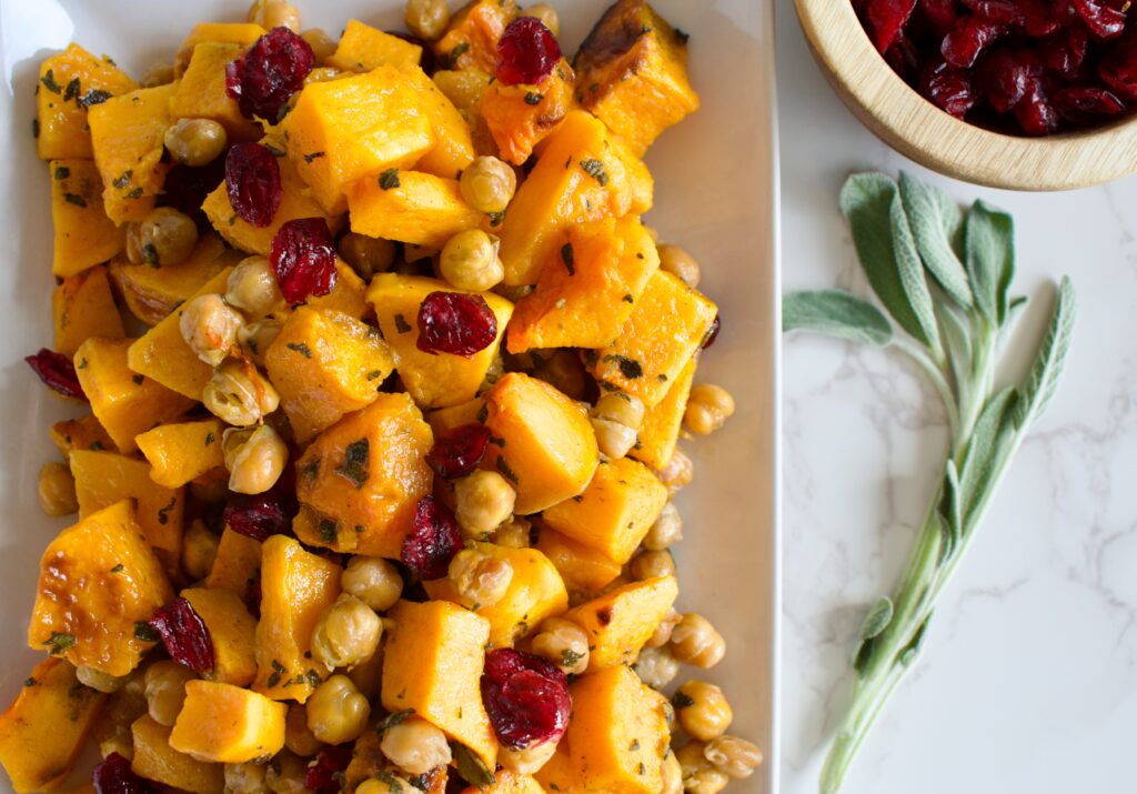 gluten free and vegan sage roasted butternut squash with chickpeas and cranberries