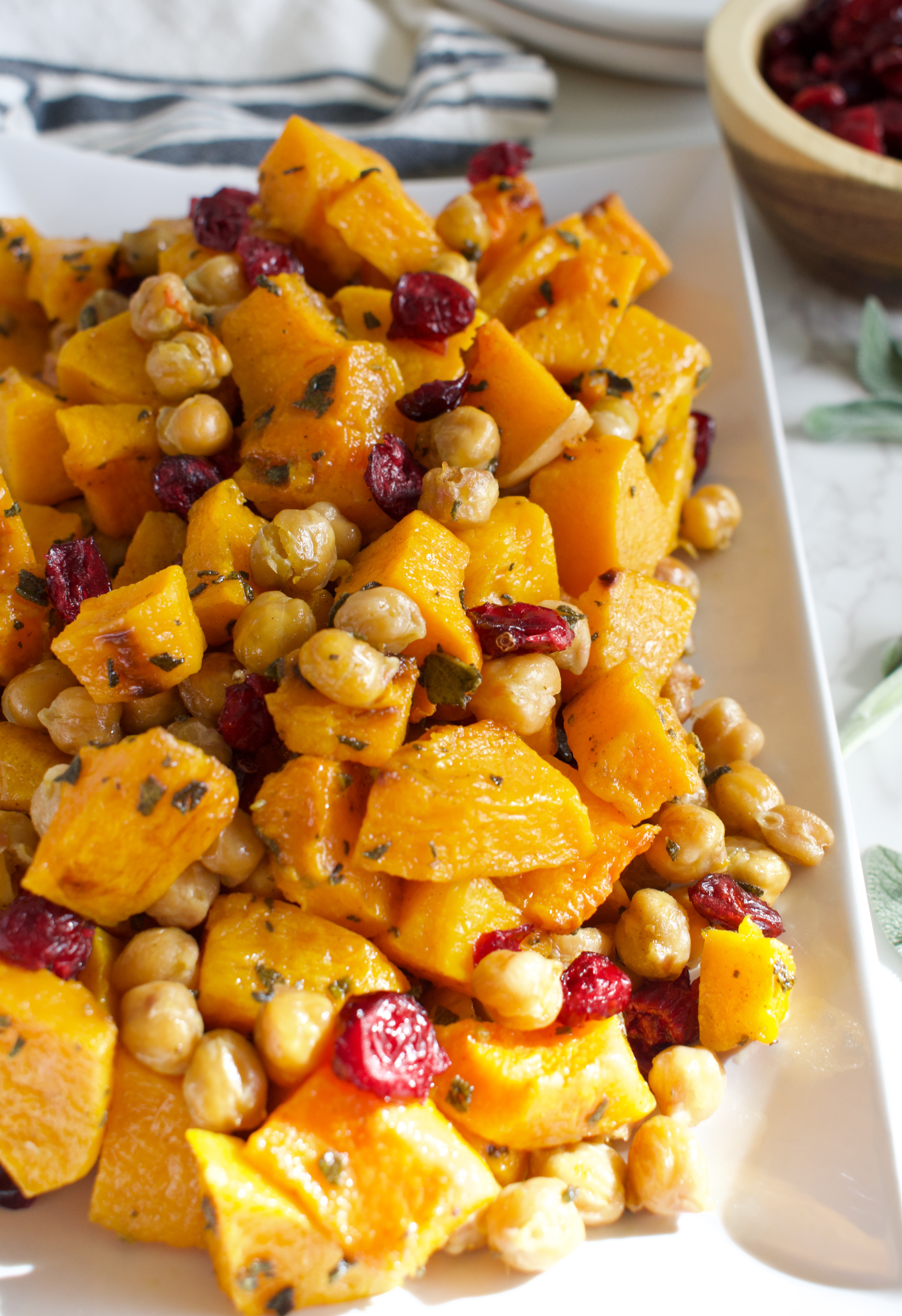 gluten free and vegan sage roasted butternut squash with chickpeas and cranberries