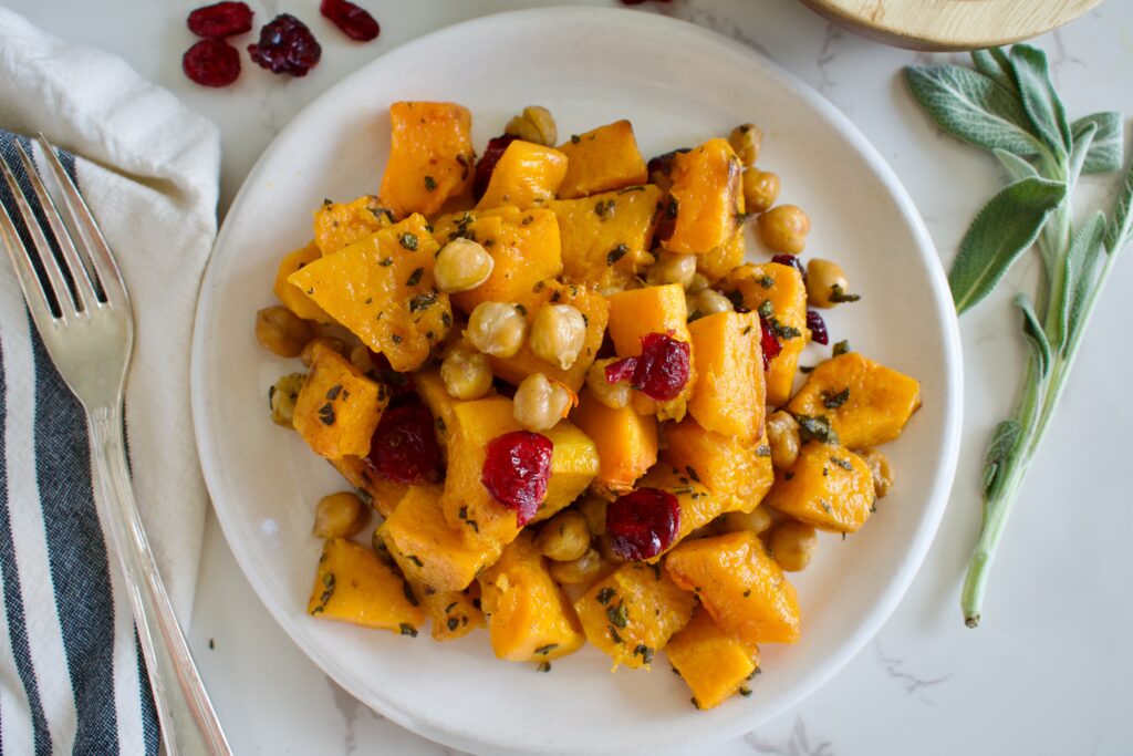 gluten free and vegan sage roasted butternut squash with chickpeas and cranberries