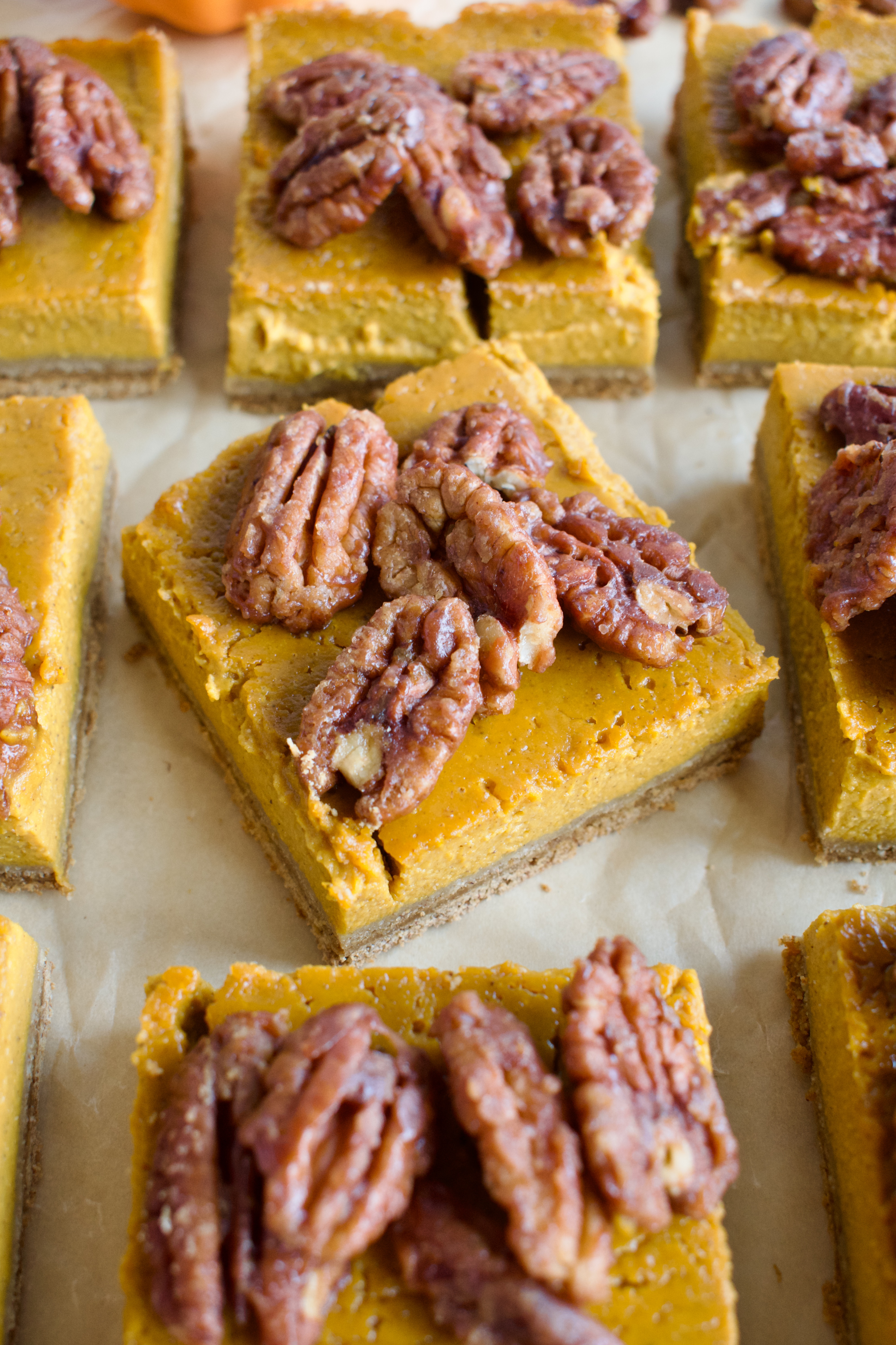 gluten free and dairy free pumpkin pie bars with caramelized pecans