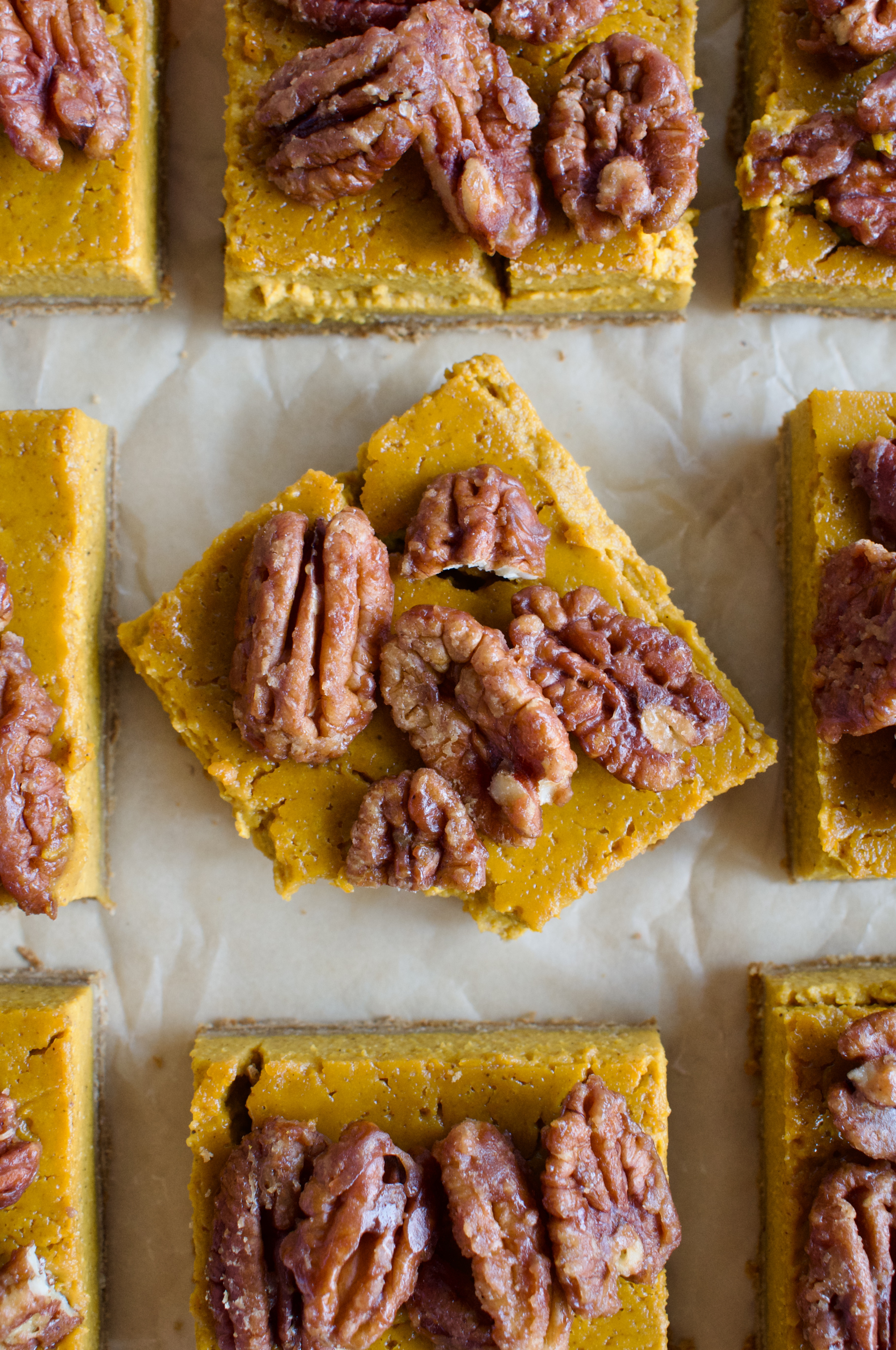 gluten free pumpkin pie bars with caramelized pecans