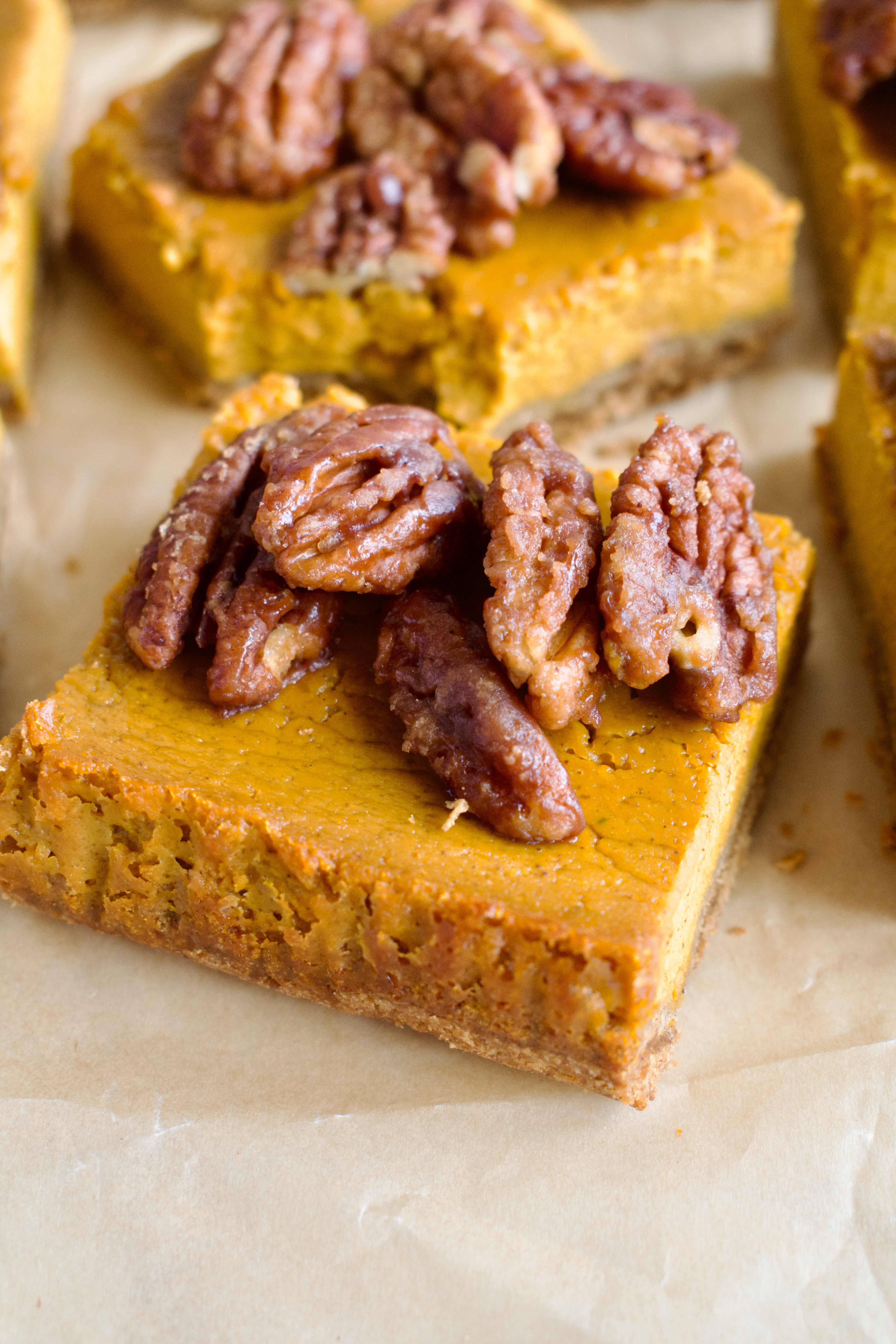 gluten free pumpkin pie bars with caramelized pecans