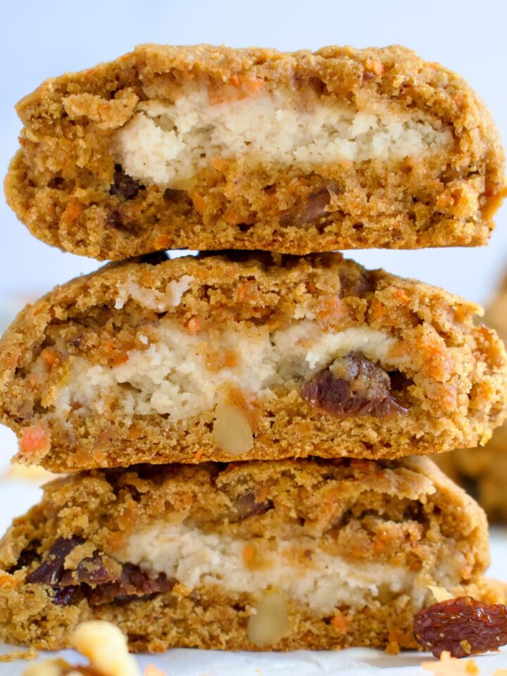 gluten free carrot cake cookies stuffed with dairy free cream cheese frosting
