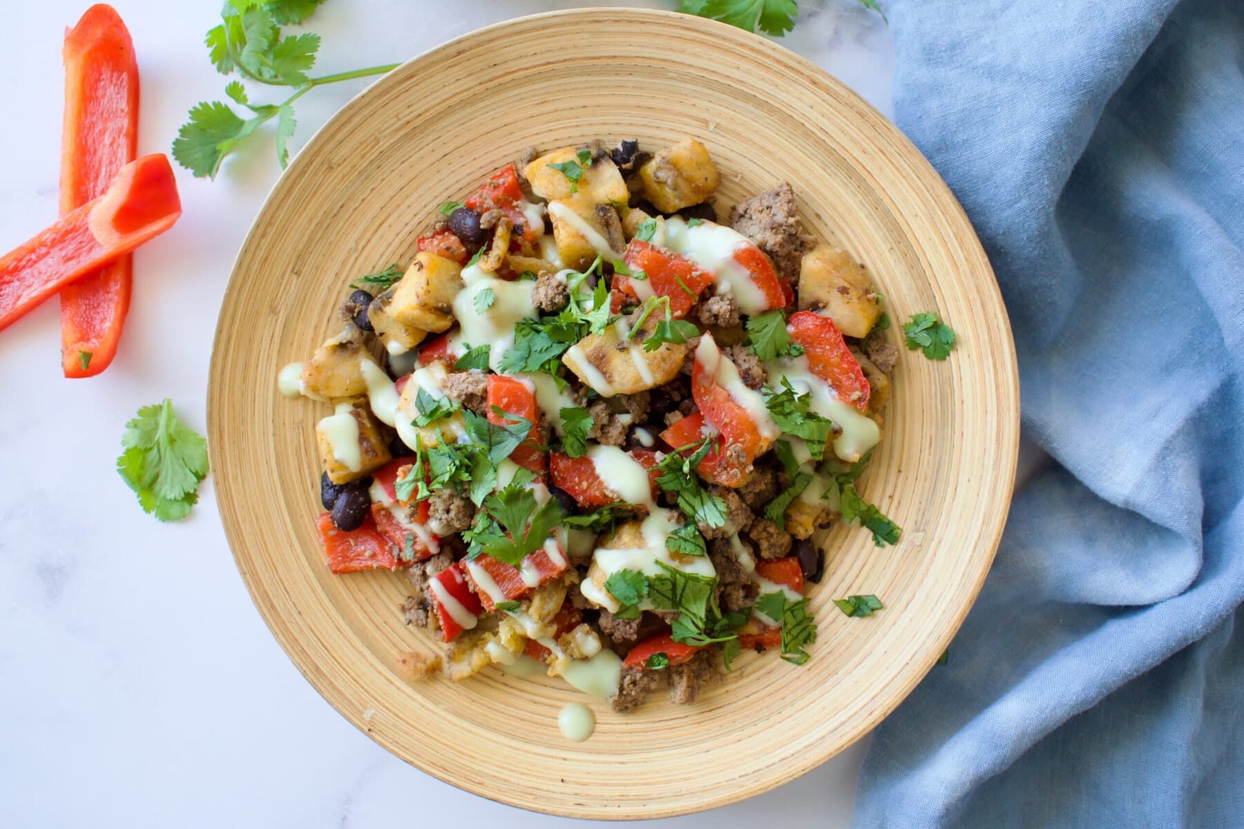 plantain and black bean bowls with ground beef and veggies