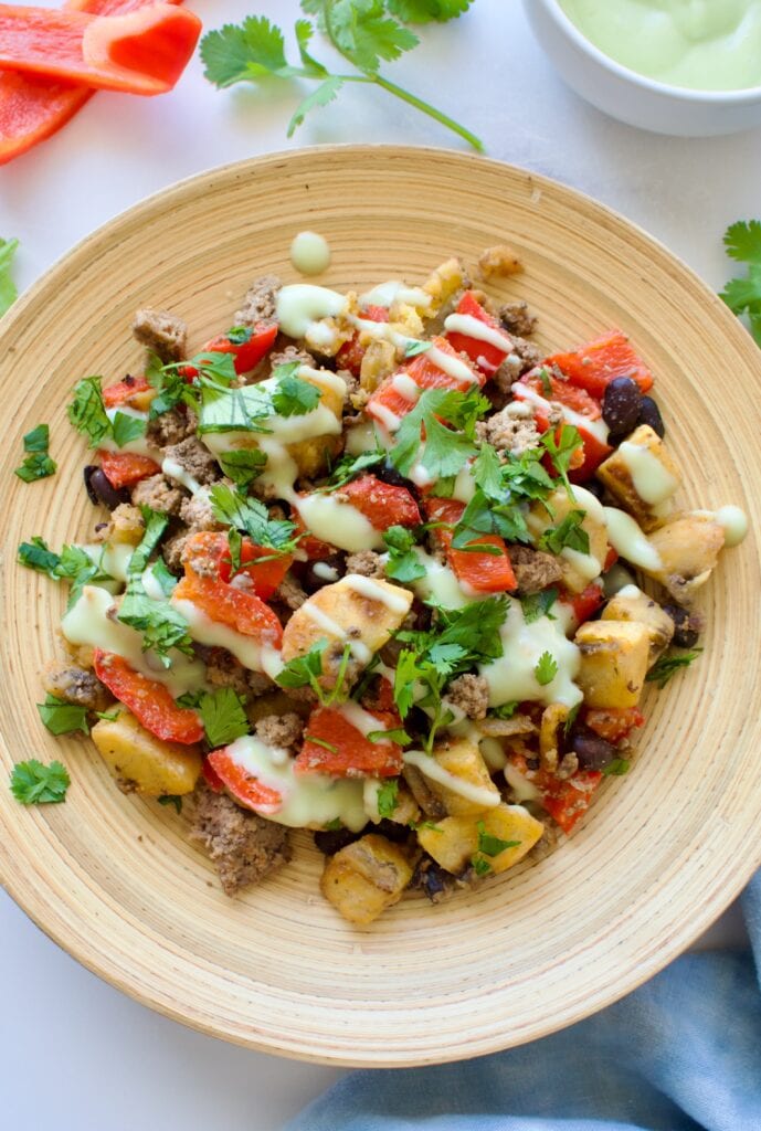 gluten free taco bowls with plantains, beef, and black beans
