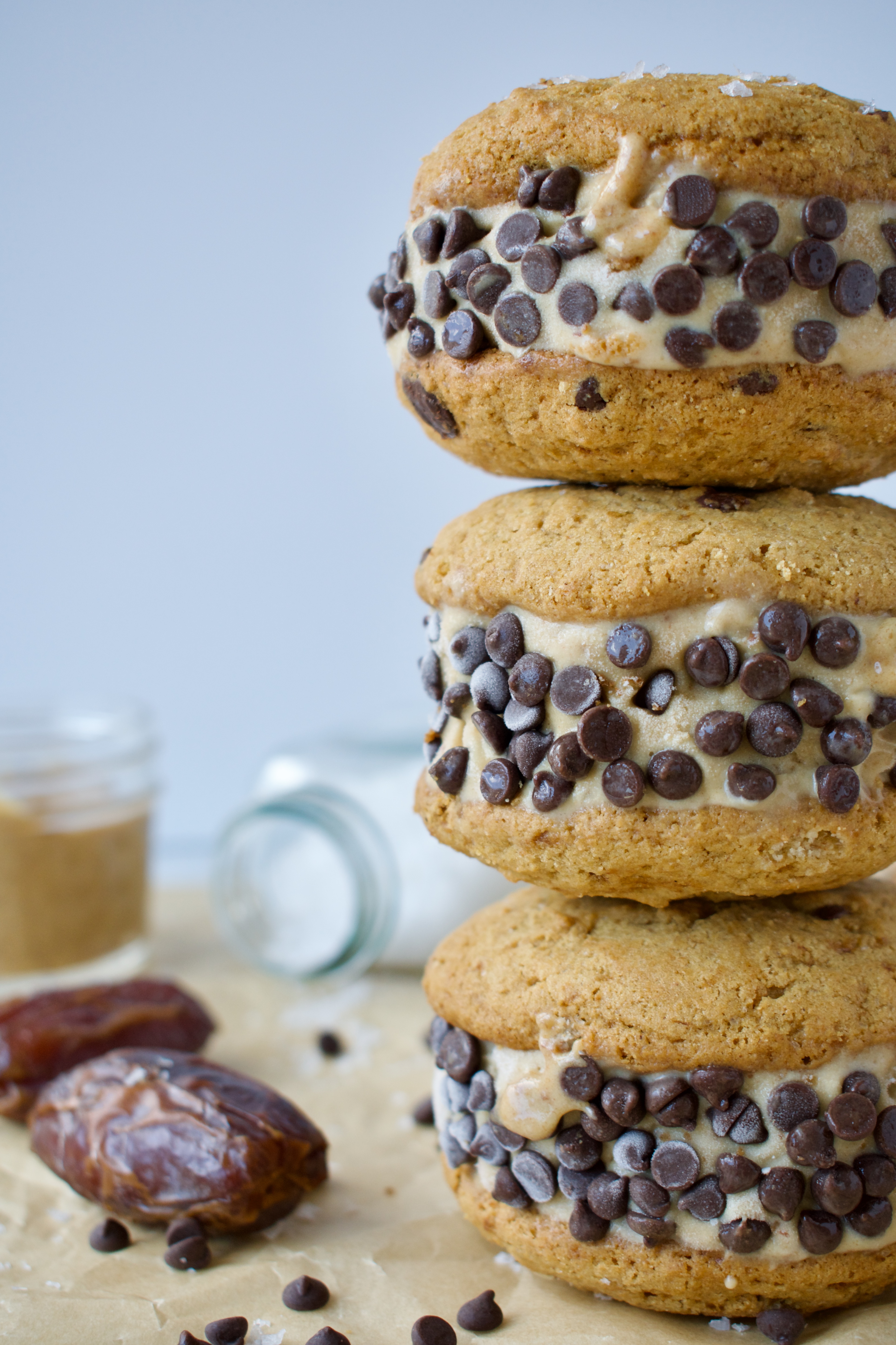 gluten free and dairy free salted caramel chocolate chip cookie ice cream sandwiches