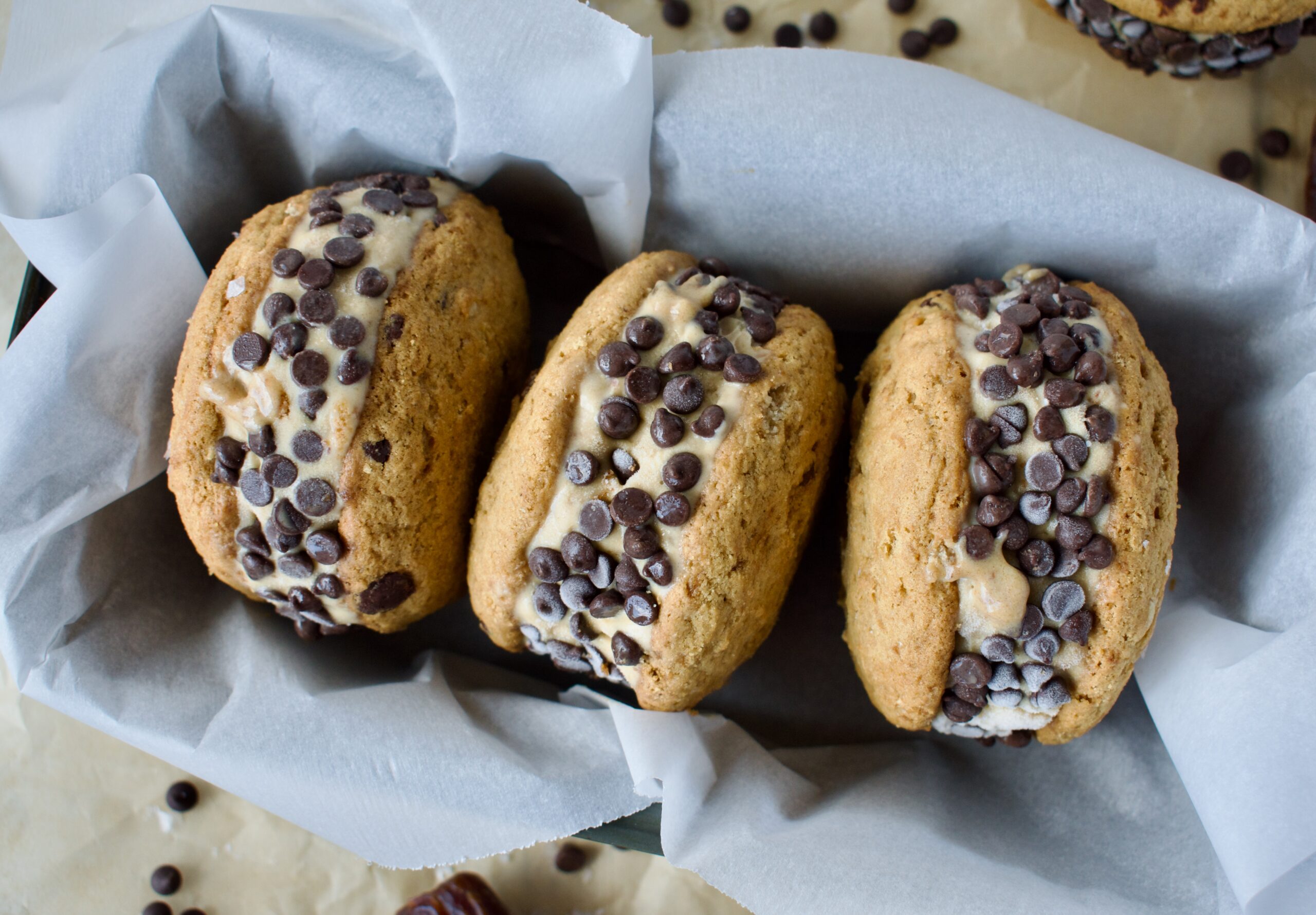 Salted Caramel Chocolate Chip Cookie Ice Cream Sandwiches (Gluten Free, Dairy Free)