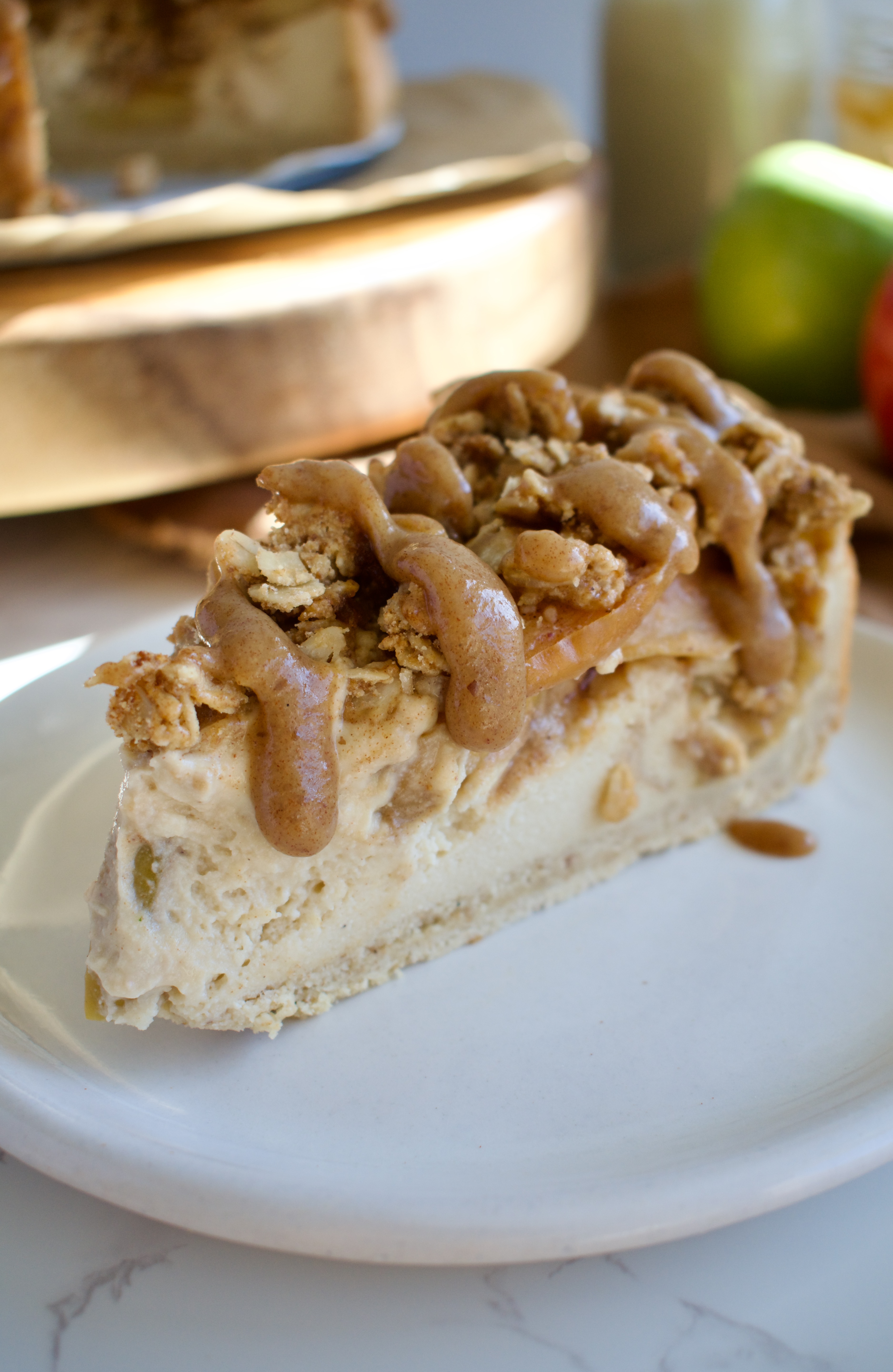 gluten free, dairy free, and refined sugar free caramel apple crumble cheesecake