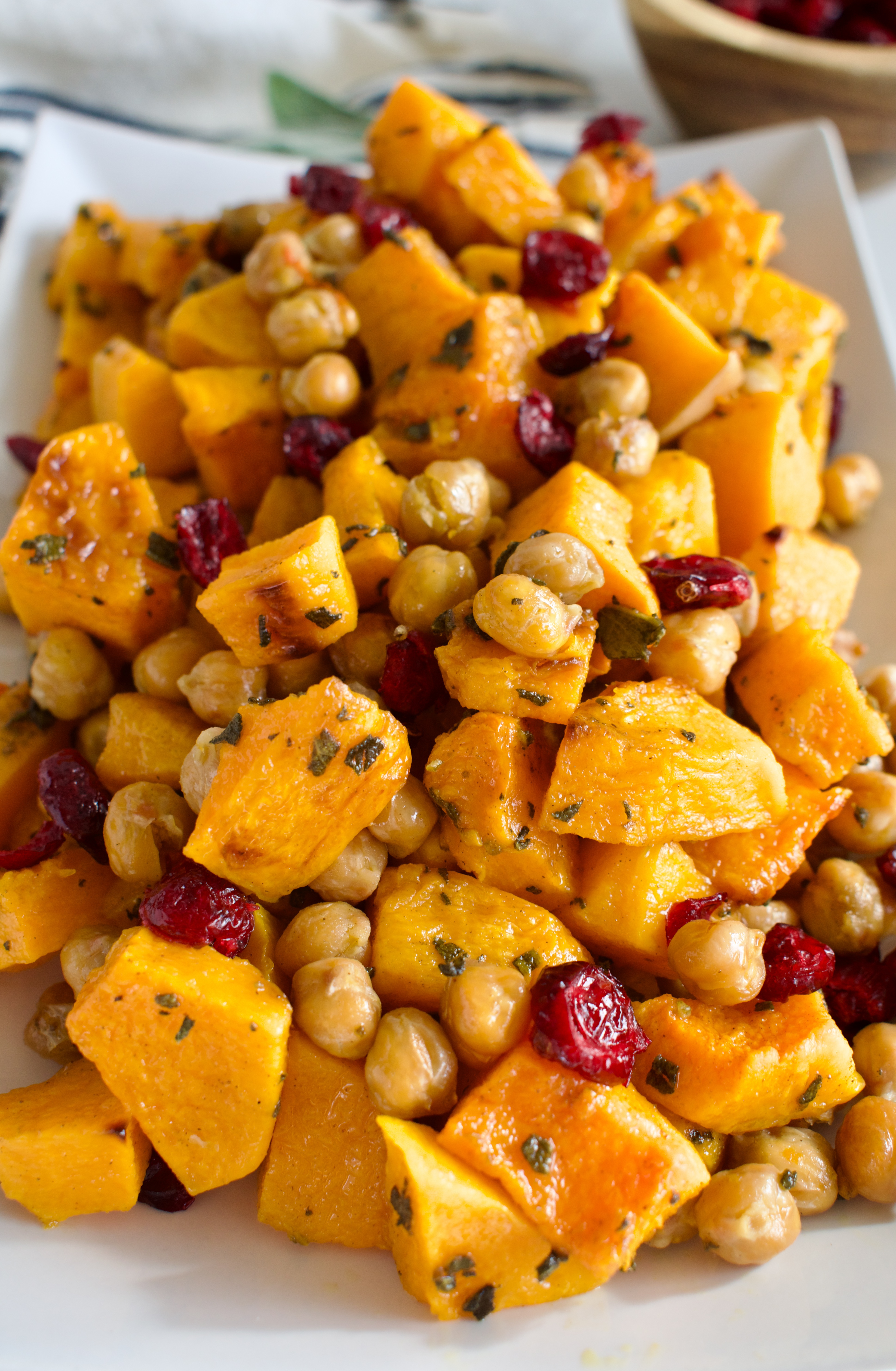 gluten free and vegan sage roasted butternut squash with chickpeas and cranberries