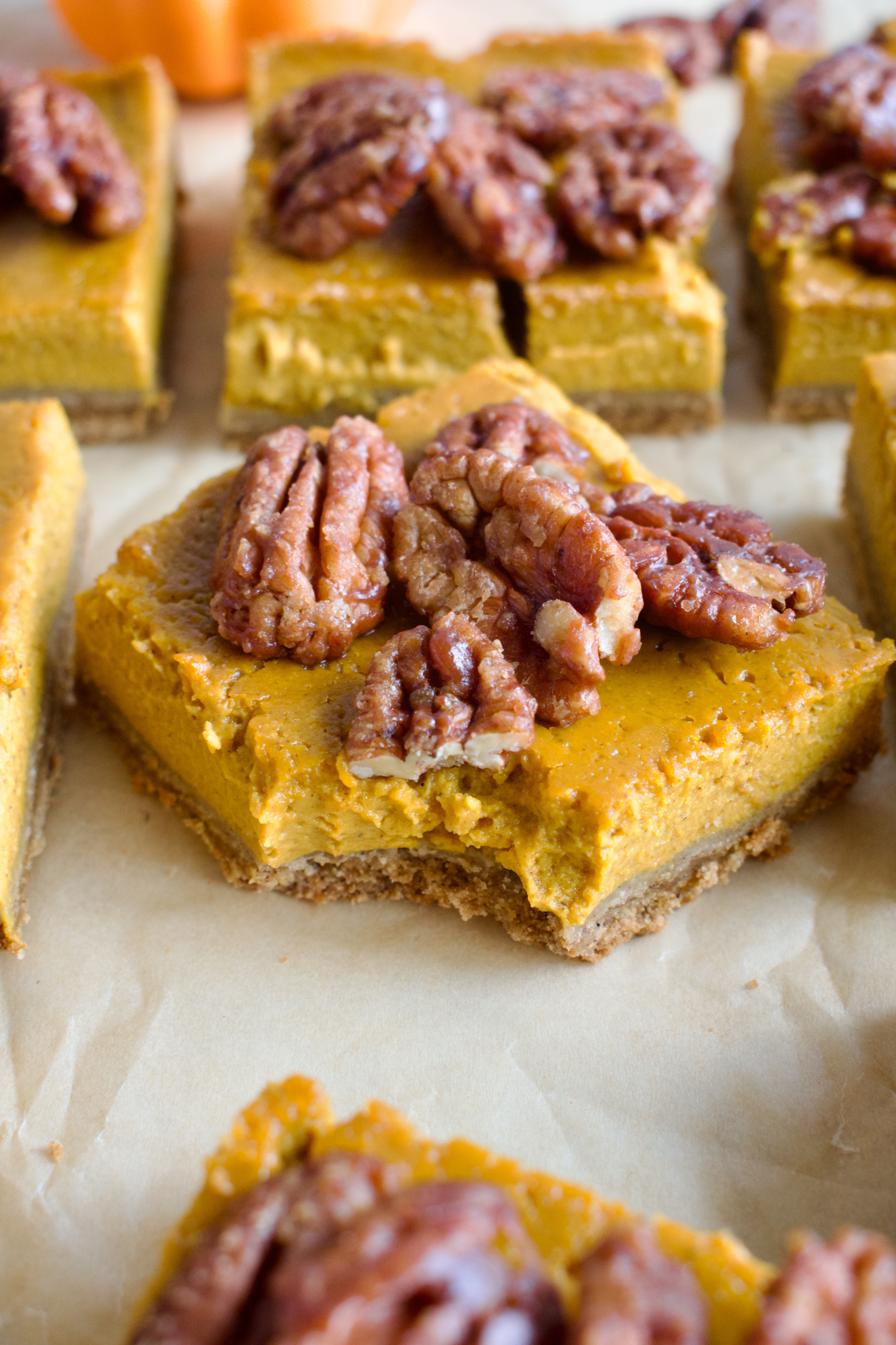 gluten free and dairy free pumpkin pie bars with caramelized pecans