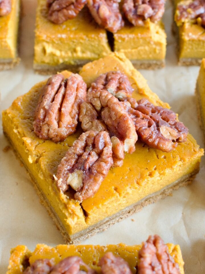 gluten free and dairy free pumpkin pie bars with caramelized pecans