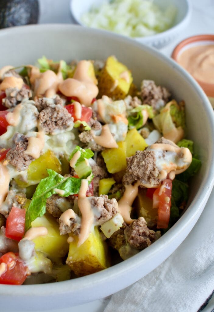 healthy gluten free big mac casserole with special sauce