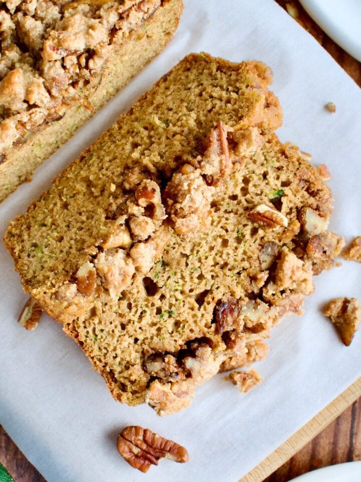 gluten free zucchini bread with pecan crumble topping