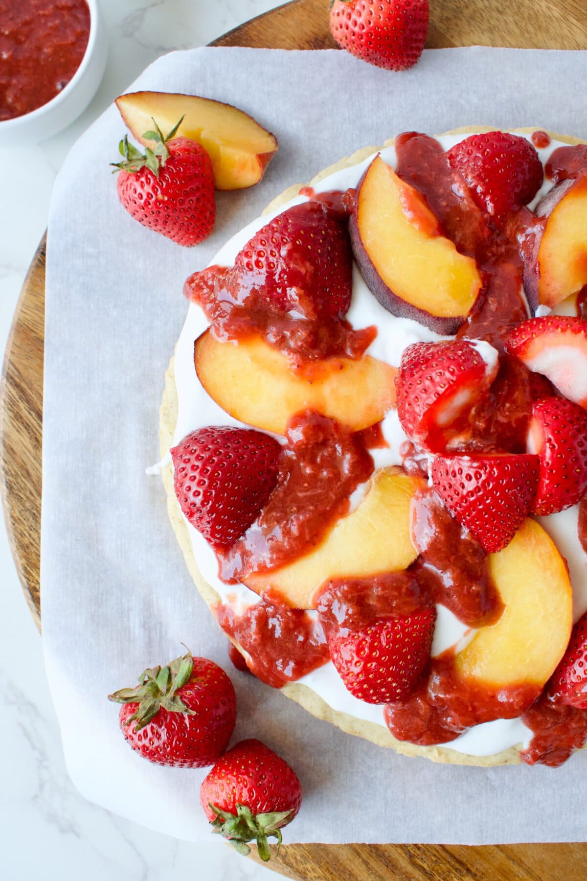 gluten free strawberry peach shortcake cake with dairy free coconut whipped cream