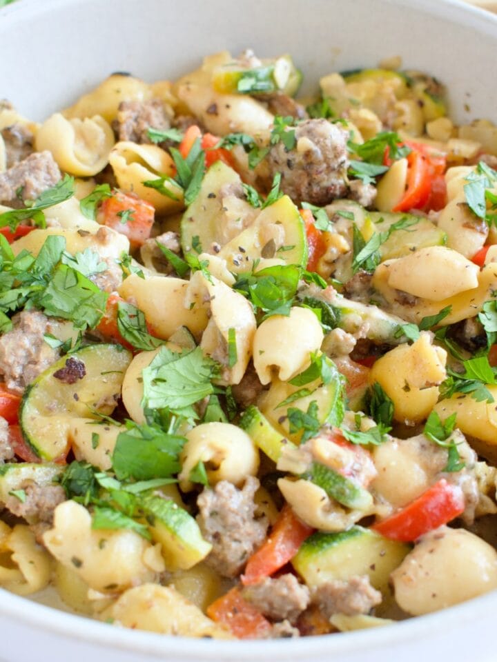 gluten free dairy free creamy beef pasta with veggies
