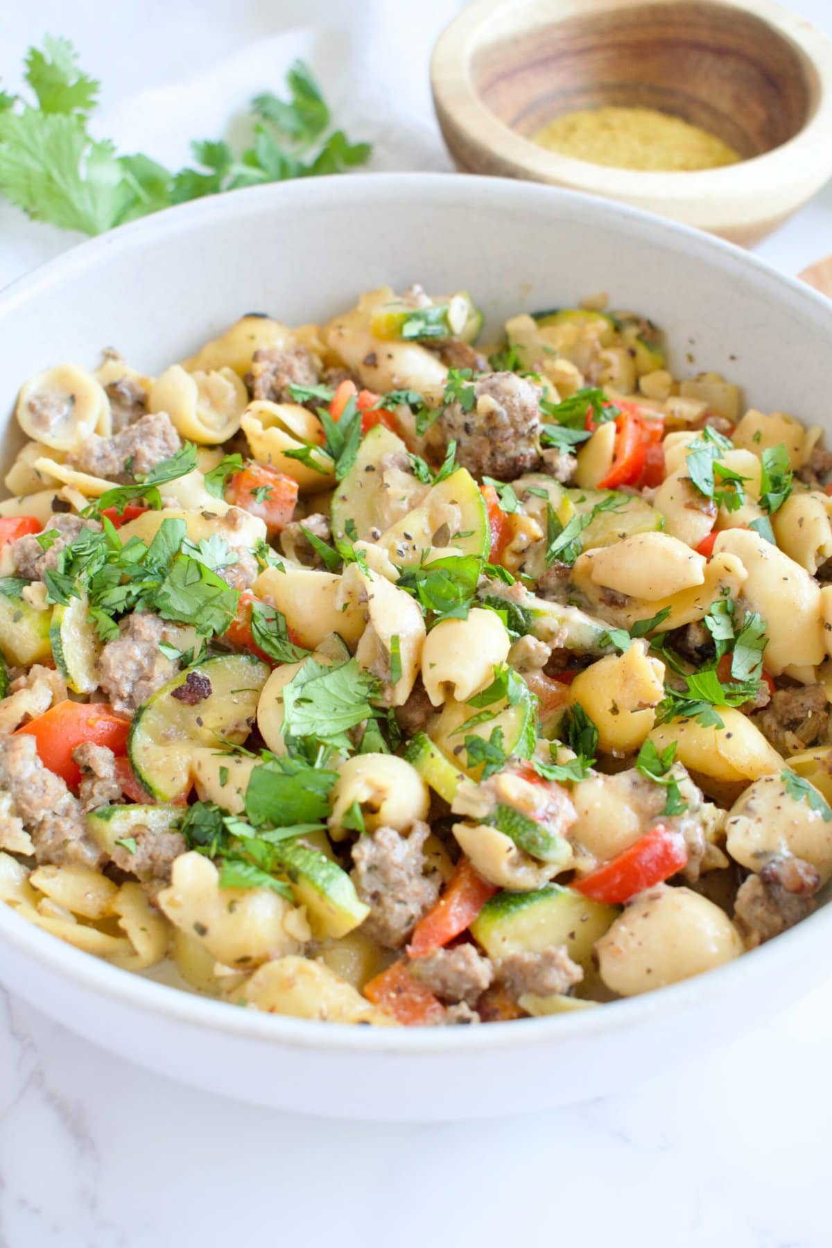 dairy free creamy beef pasta with veggies