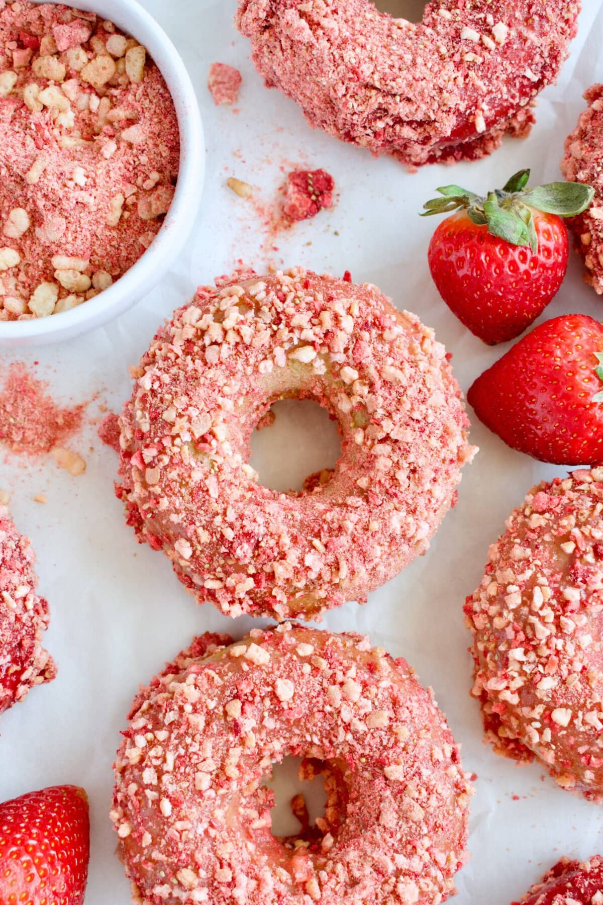 refined sugar free donuts with strawberry glaze and strawberry crunch coating
